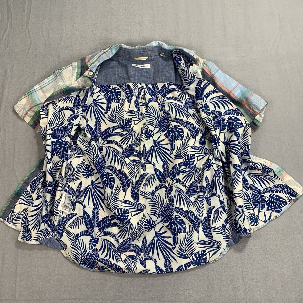 Tommy Bahama Short Sleeve Shirt Plaid Palm Print 100% Cotton Casual Mens - Picture 7 of 9